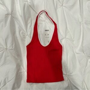 BDG Red Ribbed Cropped Halter Tank with White Trim